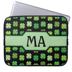 Funda Para Portátil Tréboles verdes con iniciales de monograma 