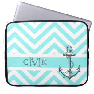 Funda Para Portátil Triple Ancla Monogramada y Zigzags Azules