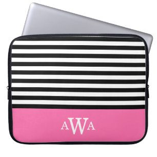 Funda Para Portátil Triple letra Monograma Bandas blancas rosadas