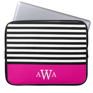 Funda Para Portátil Triple letra Monograma Fuchsia Bandas blancas negr