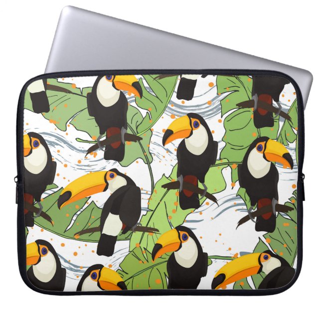 Funda Para Portátil Tropical Toucan, palmas verdes, patrón vintage. (Frente)
