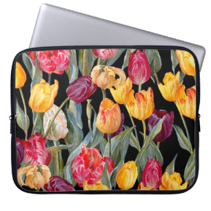 Funda Para Portátil Tulipanes coloridos, fondo negro aislado.