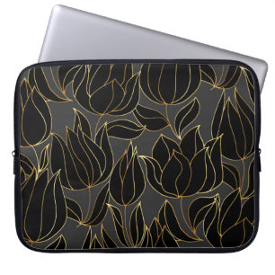Funda Para Portátil Tulipanes de oro negro: patrón floral de lujo