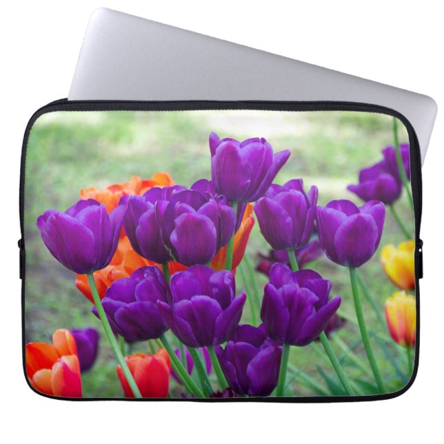Funda Para Portátil Tulipanes morados en un día soleado en el jardín (Frente)