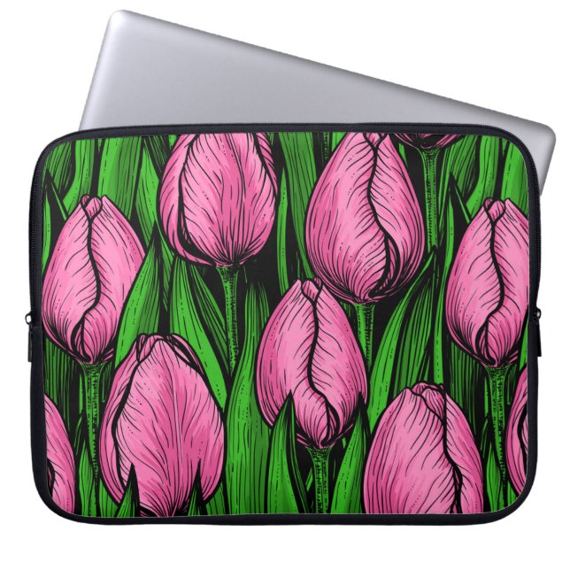 Funda Para Portátil Tulipanes rosados con hojas verdes (Frente)