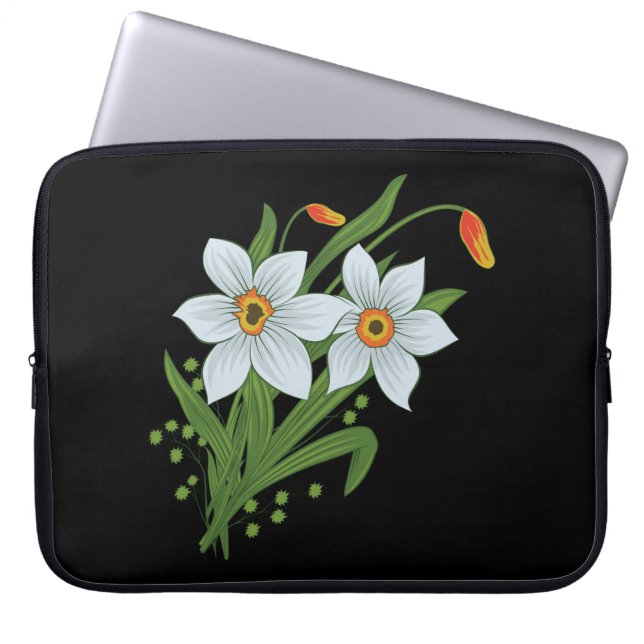Funda Para Portátil Tulipanes y Daffodils Flores Fondo negro (Frente)