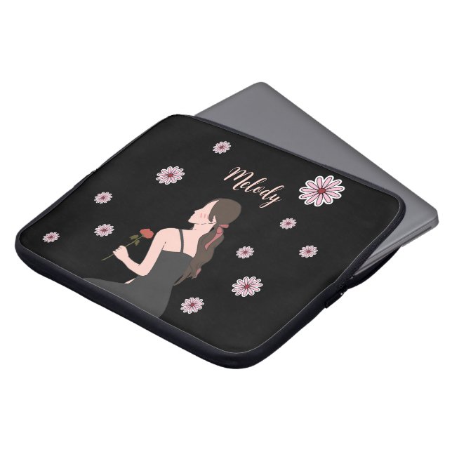 Funda Para Portátil Un Chica Rosa con flor rosa (Superior anverso)