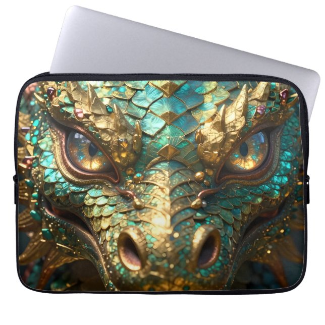 Funda Para Portátil Un dragón místico turquesa y dorado (Frente)
