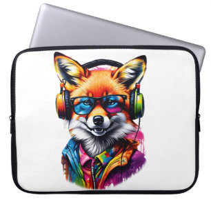 Funda Para Portátil Un zorro con audífonos y gafas
