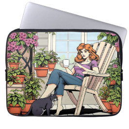 Funda Para Portátil Una mujer con café, gato y plantas