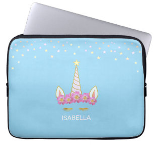 Funda Para Portátil unicornio dorado, flores y estrellas en azul claro