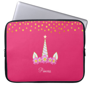 Funda Para Portátil Unicornio, flores y confeti dorado sobre rosa