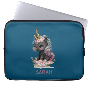 Funda Para Portátil Unicornio negro con flores de unicornio