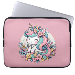 Funda Para Portátil Unicornio rosa y azul y flores