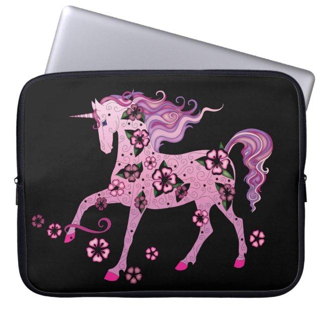 Funda Para Portátil Unicornio rosado en negro (Frente)