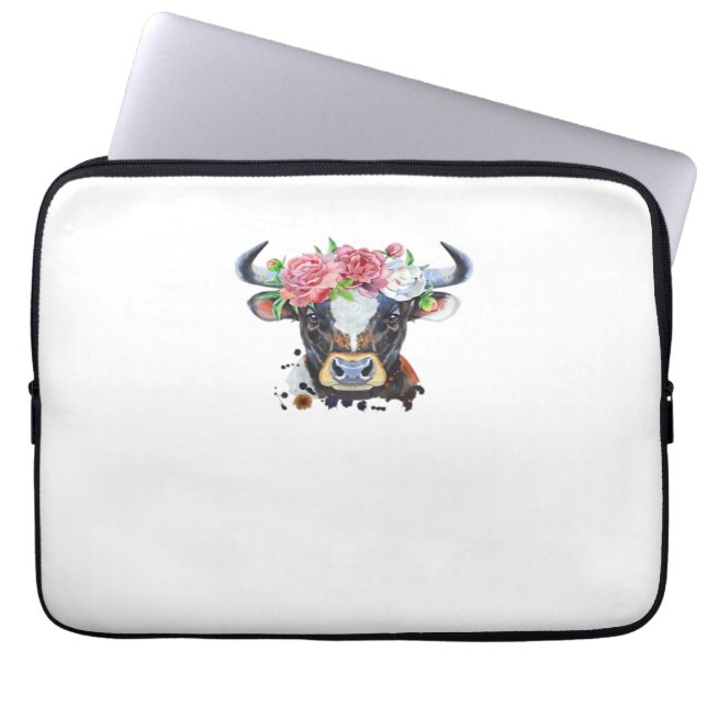 Funda Para Portátil Vaca coronada con flores camiseta clásica (Frente)