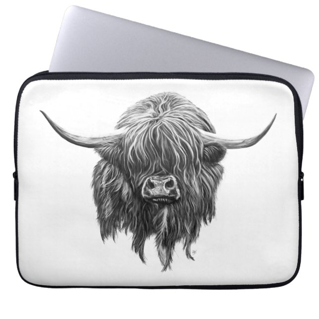 Funda Para Portátil Vaca escocesa de la montaña en blanco y negro (Frente)
