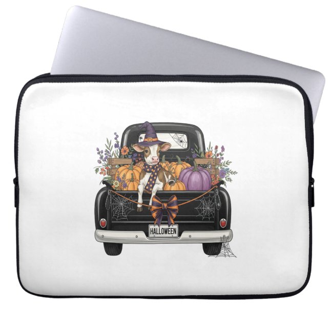 Funda Para Portátil Vaca Highland de Halloween con camión (Frente)
