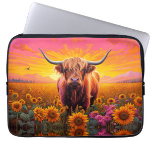 Funda Para Portátil Vaca Highland en girasoles al amanecer