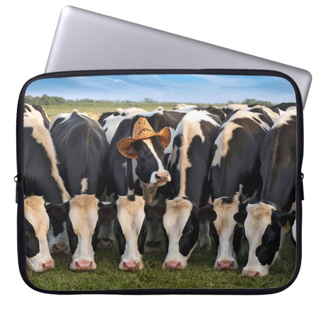 Funda Para Portátil Vaca Holstein con un Gorra de vaquero (Frente)