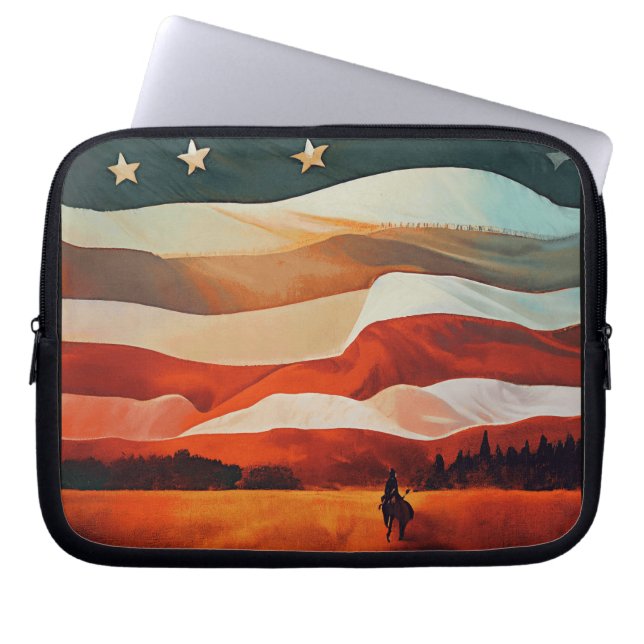 Funda Para Portátil Vaquero montando al atardecer de la bandera (Frente)