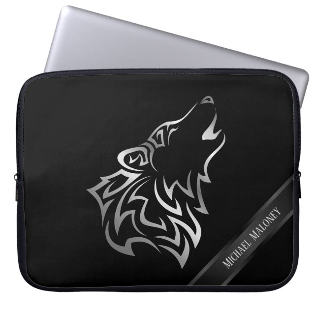 Funda Para Portátil Vector Monograma de Lobo Negro Plateado (Frente)