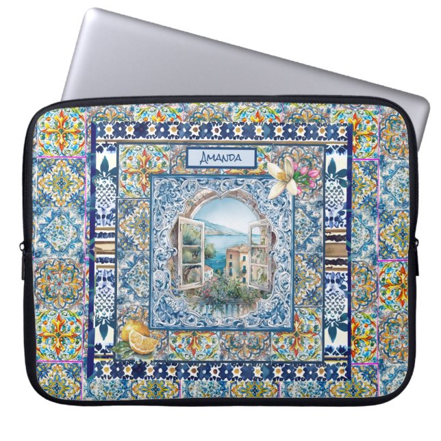 Funda Para Portátil verano azulejos azules florales italianos cítricos (Frente)