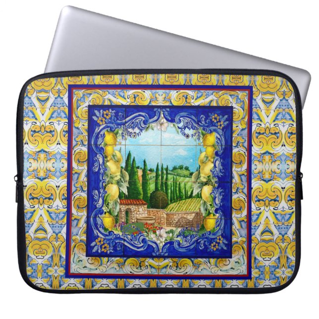 Funda Para Portátil verano italiano Majolica azulejos azul cítricos (Frente)