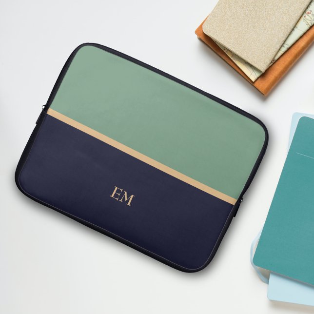 Funda Para Portátil Verde azul monograma inicial simple lindo (Subido por el creador)