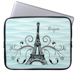 Funda Para Portátil Verde azulada Torre Eiffel Flourish Laptop Sleeve