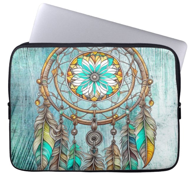 Funda Para Portátil Verde azulado Dreamcatcher Mystical Boho Feathers  (Frente)