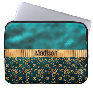 Funda Para Portátil Verde azulado Swirl Metálico Personalizado Elegant