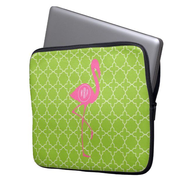 Funda Para Portátil Verde lima rosada Quatrefoil del flamenco del (Anverso izquierdo)