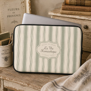 Funda Para Portátil Verde Salvia Rayas Campestres Francesas Rústico