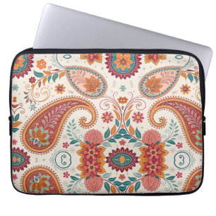 Funda Para Portátil Vibrante Boho Paisley patrón floral blanco
