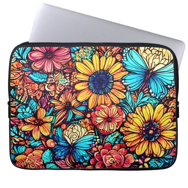 Funda Para Portátil Vibrante explosión de Doodle Floral (Frente)
