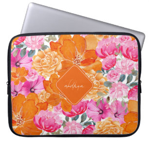 Funda Para Portátil Vibrante rosado y Naranja Jardín de verano Monogra