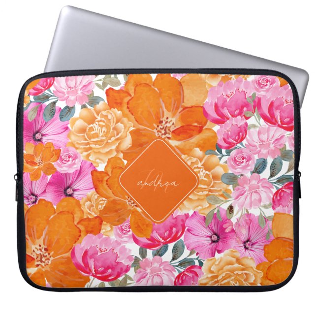 Funda Para Portátil Vibrante rosado y Naranja Jardín de verano Monogra (Frente)