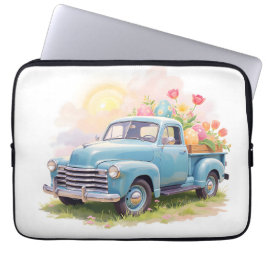 Funda Para Portátil Vintage Blue Truck with Easter Eggs & Tulips