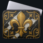 Funda Para Portátil Vintage Fleur-de-Lis and Pearl Gold Tile<br><div class="desc">Vintage Fleur-de-Lis and Pearl Gold Tile on a Black Background

Art Nouveau Deco , fleur-de-lis,  vintage,   design,  retro vintage decor,  kitchen , contrasting tiles,  luxurious and elegant trend,  soft and bold colors, </div>