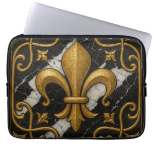 Funda Para Portátil Vintage Fleur-de-Lis and Pearl Gold Tile 