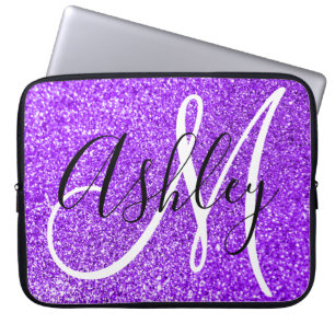 Funda Para Portátil Violeta Glitter Falso Personalizado con Monograma 