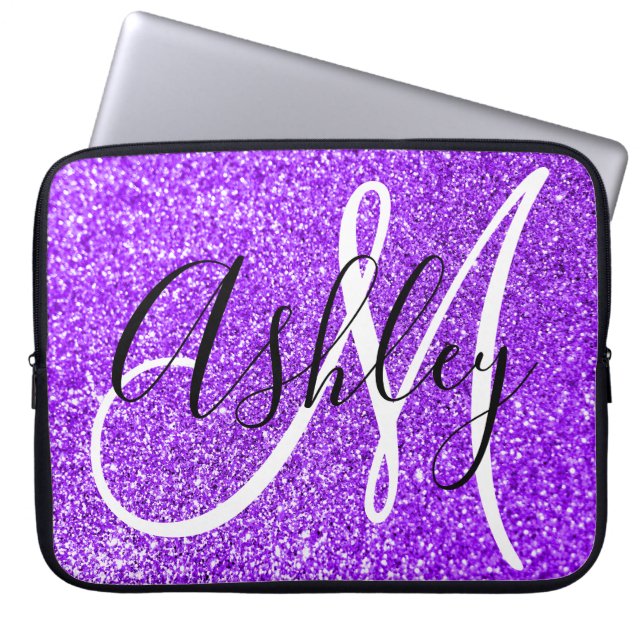 Funda Para Portátil Violeta Glitter Falso Personalizado con Monograma  (Frente)