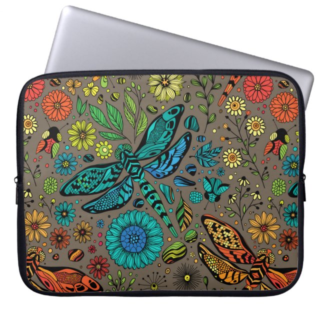 Funda Para Portátil Volar, volar libélula sobre marrón (Frente)