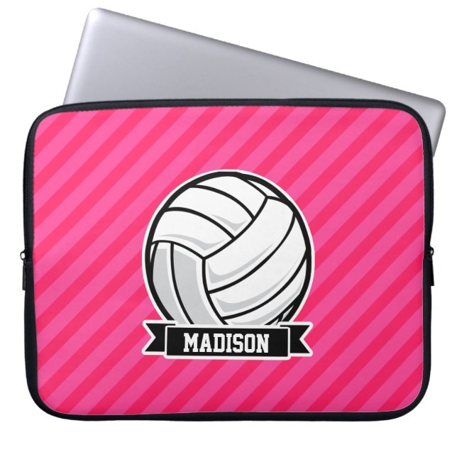 Funda Para Portátil Voleibol en franjas rosadas neonesas (Frente)