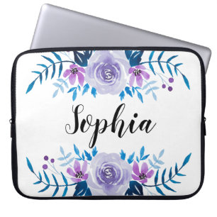 Funda Para Portátil Watercolor Azul Púrpura Floral Wreath Personaliza