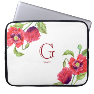 Funda Para Portátil Watercolor Rojo Poppies Botánico Floral Monograma
