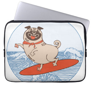 Funda Para Portátil Wave riding happy pug dog on surfboard 