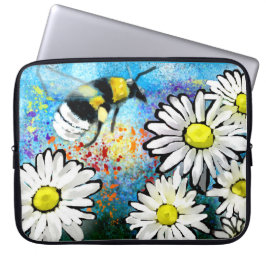Funda Para Portátil Whimsical Bumble Bee Daisies Floral Azul Blanco