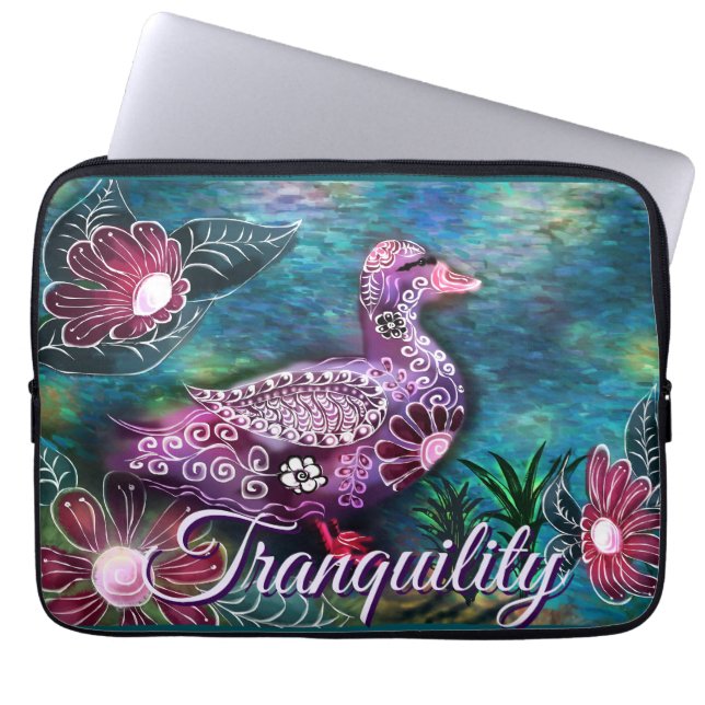 Funda Para Portátil Whimsical Floral Duck Purple Teal Personalized (Frente)